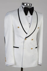 Golden Button White Wedding Suit with Black Edge-Ballbella