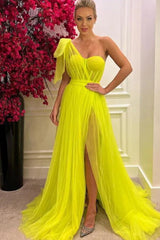 Gorgeous A-Line One-Shoulder Tulle Long Prom Dress With Split-Ballbella