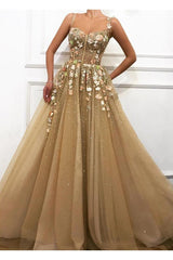 Gorgeous A-line Spaghetti Straps Flower Prom Dresses-Ballbella