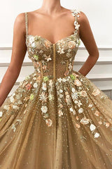 Gorgeous A-line Spaghetti Straps Flower Prom Dresses-Ballbella