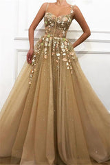 Gorgeous A-line Spaghetti Straps Flower Prom Dresses-Ballbella