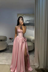 Gorgeous Baby Pink Sweetheart Satin Prom Dresses Sleeveless High Slit Gem With Pleats-Ballbella