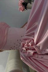 Gorgeous Baby Pink Sweetheart Satin Prom Dresses Sleeveless High Slit Gem With Pleats-Ballbella