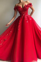 Gorgeous Ball Gown Off-the-Shoulder Applique Flowers Evening Dresses-Ballbella