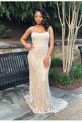 Gorgeous Beading Appliques Spaghetti Lace-up Long Mermaid Evening Dresses-Ballbella