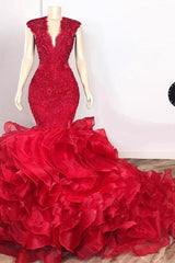 Gorgeous Beads Appliques Red Prom Dresses Ruffles Fit and Flare Alluring Evening Gowns-Ballbella