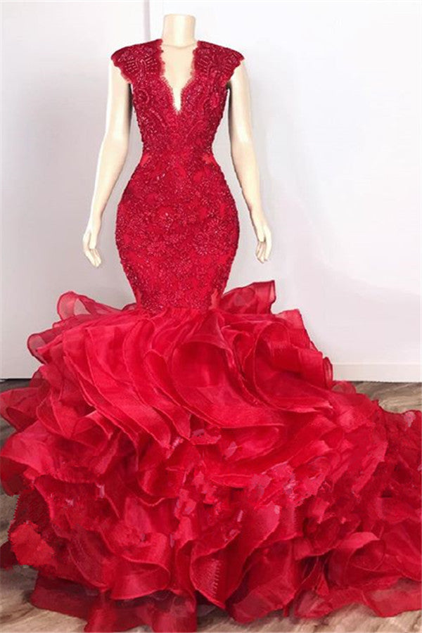 Gorgeous Beads Appliques Red Prom Dresses Ruffles Fit and Flare Alluring Evening Gowns Gorgeous Beads Appliques Red Prom Dresses Ruffles Fit and Flare Alluring Evening Gowns