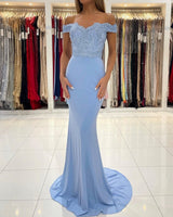 Gorgeous Blue Off-the-shoulder Mermaid Prom Dresses With Lace-Ballbella