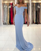 Gorgeous Blue Off-the-shoulder Mermaid Prom Dresses With Lace-Ballbella