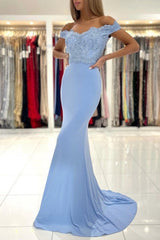 Gorgeous Blue Off-the-shoulder Mermaid Prom Dresses With Lace-Ballbella