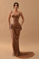 Gorgeous Brown Mermaid Prom Dress with Split Long Sleeveless-Ballbella