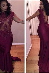 Gorgeous Cap Sleeve Burgundy Prom Party GownsMermaid With Lace Appliques-Ballbella