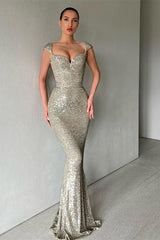 Gorgeous Cap Sleeves Sequins Mermaid Evening Dress Long Sweetheart-Ballbella