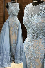 Gorgeous Column Sleleveless Long Evening Dresses Lace Appliques Beading Chic Prom Party Gowns with Overskirt-Ballbella