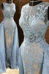 Gorgeous Column Sleleveless Long Evening Dresses Lace Appliques Beading Chic Prom Party Gowns with Overskirt-Ballbella