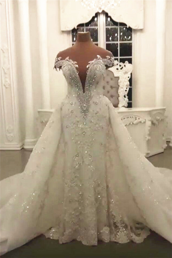 Gorgeous Crystal Lace Off-the-Shoulder V-neck Beading Wedding Dresses with Detachable Overskirt Gorgeous Crystal Lace Off-the-Shoulder V-neck Beading Wedding Dresses with Detachable Overskirt
