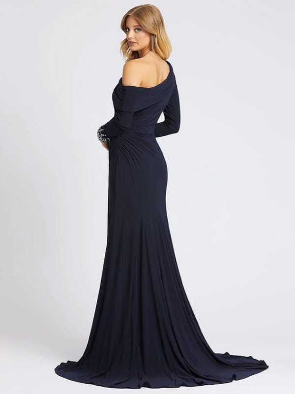 Gorgeous Deep Navy Evening Dress One-Shoulder With Train Long Sleeves Criss-Cross Lycra Spandex Sheath Social Party Dresses Gorgeous Deep Navy Evening Dress One-Shoulder With Train Long Sleeves Criss-Cross Lycra Spandex Sheath Social Party Dresses