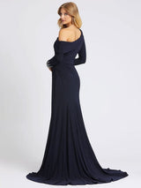 Gorgeous Deep Navy Evening Dress One-Shoulder With Train Long Sleeves Criss-Cross Lycra Spandex Sheath Social Party Dresses-Ballbella