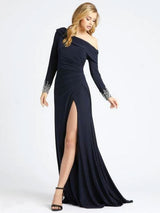 Gorgeous Deep Navy Evening Dress One-Shoulder With Train Long Sleeves Criss-Cross Lycra Spandex Sheath Social Party Dresses-Ballbella