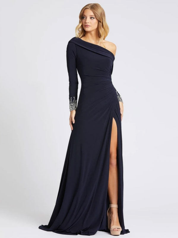 Gorgeous Deep Navy Evening Dress One-Shoulder With Train Long Sleeves Criss-Cross Lycra Spandex Sheath Social Party Dresses Gorgeous Deep Navy Evening Dress One-Shoulder With Train Long Sleeves Criss-Cross Lycra Spandex Sheath Social Party Dresses