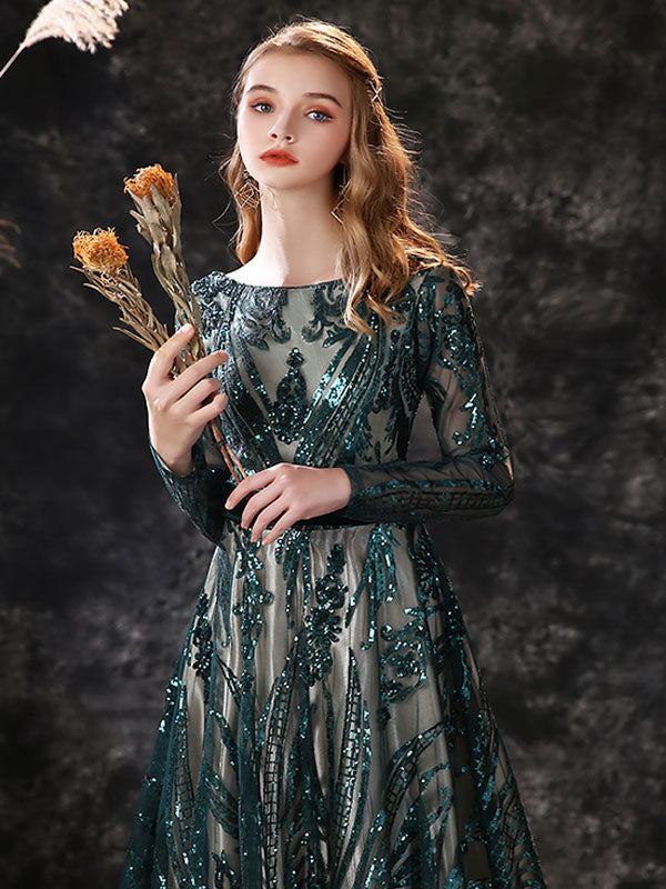 Gorgeous Evening Dress A-Line Jewel Neck With Train Long Sleeves Zipper Lace Lace Formal Party Dresses Gorgeous Evening Dress A-Line Jewel Neck With Train Long Sleeves Zipper Lace Lace Formal Party Dresses
