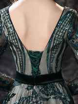 Gorgeous Evening Dress A-Line Jewel Neck With Train Long Sleeves Zipper Lace Lace Formal Party Dresses-Ballbella