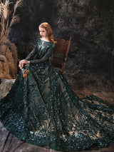 Gorgeous Evening Dress A-Line Jewel Neck With Train Long Sleeves Zipper Lace Lace Formal Party Dresses-Ballbella