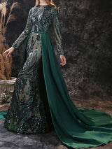 Gorgeous Evening Dress Mermaid Jewel Neck With Train Long Sleeves Zipper Lace Lace Social Pageant Dresses-Ballbella
