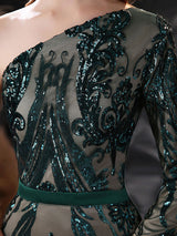 Gorgeous Evening Dress Mermaid One-Shoulder With Train Long Sleeves Zipper Lace Lace Formal Dinner Dresses-Ballbella