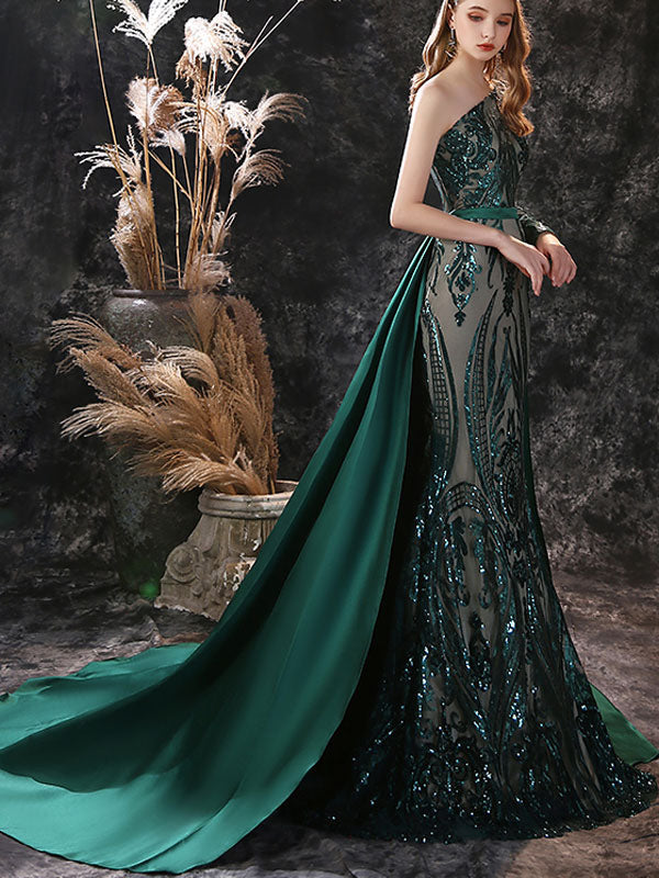 Gorgeous Evening Dress Mermaid One-Shoulder With Train Long Sleeves Zipper Lace Lace Formal Dinner Dresses Gorgeous Evening Dress Mermaid One-Shoulder With Train Long Sleeves Zipper Lace Lace Formal Dinner Dresses