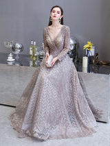 Gorgeous Evening Dress Princess Silhouette V Neck Long Sleeve Lace Sequins Floor Length Social Party Dresses-Ballbella