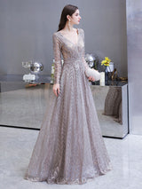 Gorgeous Evening Dress Princess Silhouette V Neck Long Sleeve Lace Sequins Floor Length Social Party Dresses-Ballbella