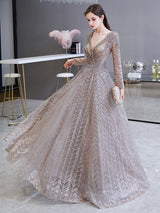 Gorgeous Evening Dress Princess Silhouette V Neck Long Sleeve Lace Sequins Floor Length Social Party Dresses-Ballbella