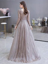 Gorgeous Evening Dress Princess Silhouette V Neck Long Sleeve Lace Sequins Floor Length Social Party Dresses-Ballbella