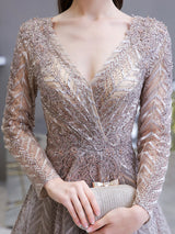Gorgeous Evening Dress Princess Silhouette V Neck Long Sleeve Lace Sequins Floor Length Social Party Dresses-Ballbella