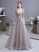Gorgeous Evening Dress Princess Silhouette V Neck Long Sleeve Lace Sequins Floor Length Social Party Dresses-Ballbella