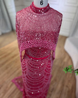 Gorgeous Fuchsia Mermaid Prom Dress Beadings Pearls With Cape-Ballbella