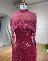 Gorgeous Fuchsia Mermaid Prom Dress Beadings Pearls With Cape-Ballbella