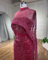 Gorgeous Fuchsia Mermaid Prom Dress Beadings Pearls With Cape-Ballbella