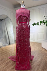 Gorgeous Fuchsia Mermaid Prom Dress Beadings Pearls With Cape-Ballbella