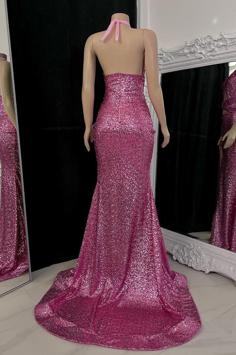 Gorgeous Halter Pink Prom Dress Sequins Sleeveless Long With Split Gorgeous Halter Pink Prom Dress Sequins Sleeveless Long With Split