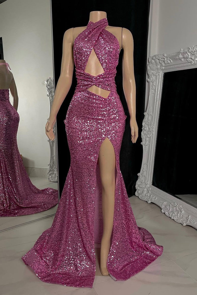 Gorgeous Halter Pink Prom Dress Sequins Sleeveless Long With Split Ballbella Gorgeous Halter Pink Prom Dress Sequins Sleeveless Long With Split Ballbella