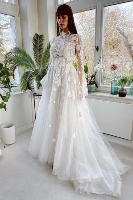 Gorgeous High Collar Long Sleeves A-Line Lace Wedding Dresses with Chapel Train Gorgeous High Collar Long Sleeves A-Line Lace Wedding Dresses with Chapel Train
