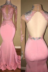 Gorgeous High-Neck Backless Pink Prom Party GownsMermaid With Lace Appliques-Ballbella