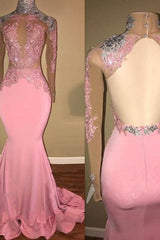 Gorgeous High-Neck Backless Pink Prom Party GownsMermaid With Lace Appliques-Ballbella
