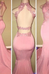 Gorgeous High Neck Pink Lace Prom Party GownsMermaid Long-Ballbella