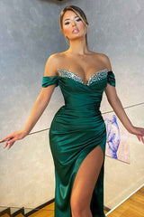 Gorgeous High-split Off-the-shoulder Dark Green Sparkle beaded Mermaid Prom Dress-Ballbella