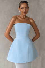 Gorgeous Ice Blue Strapless Satin Prom Dresses Sleeveless Long Lace-Up Back With Pleats-Ballbella