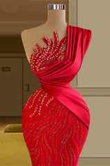 Gorgeous Long Red Mermaid One Shoulder Lace Sequined Sleeveless Prom Dress-Ballbella