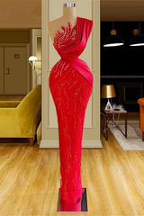 Gorgeous Long Red Mermaid One Shoulder Lace Sequined Sleeveless Prom Dress-Ballbella